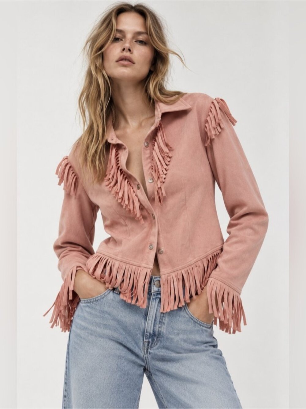 Freiheit Pink Fringe Button-Front Jacket – Size M